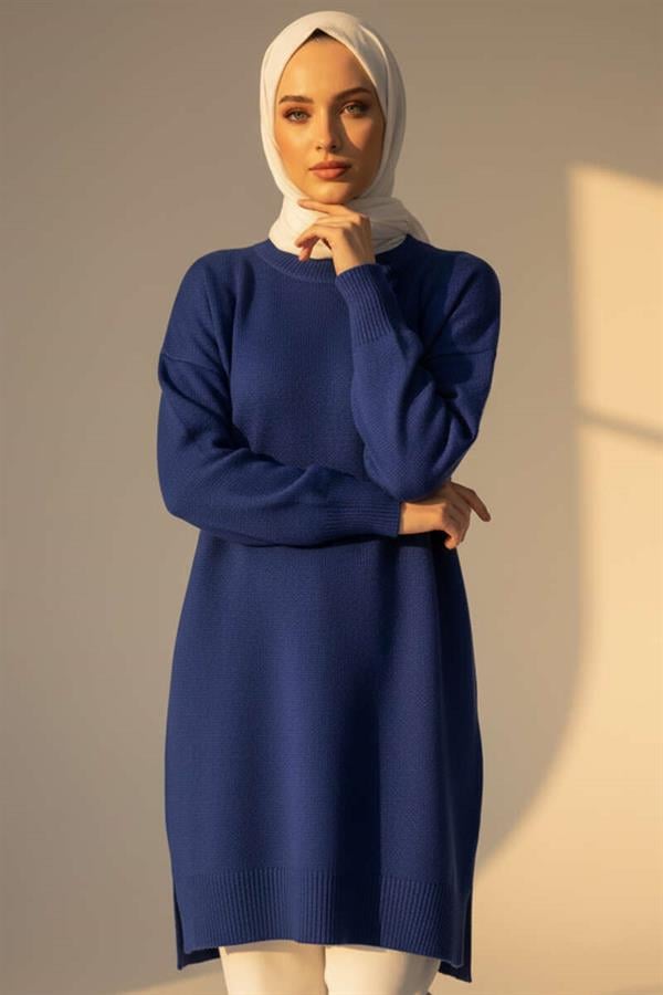 Side Slit Soft Long Knit Tunic Navy Blue