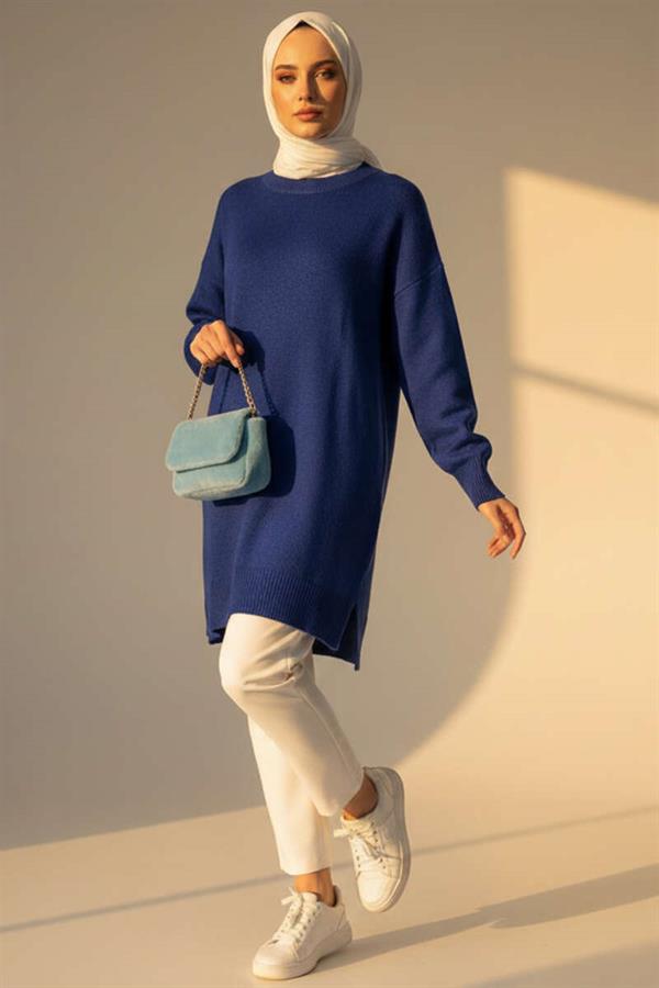Side Slit Soft Long Knit Tunic Navy Blue
