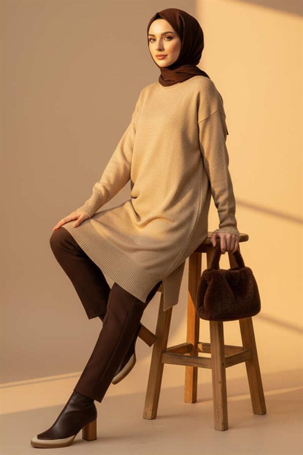 Side Slit Soft Long Knit Tunic Latte