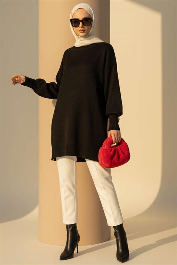 Side Slit Soft Long Knit Tunic Black