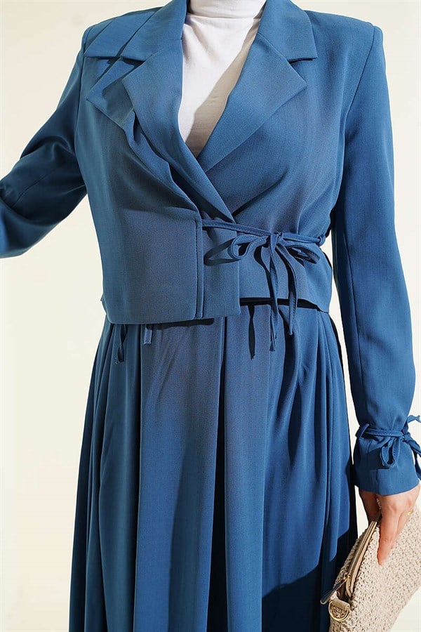 2 Piece Set with Side Lace-Up Jacket and Skirt, Indigo