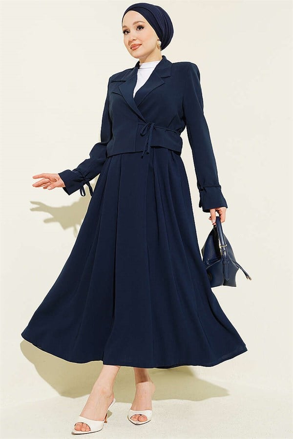 2 Piece Set with side-lace jacket and skirt, navy blue.