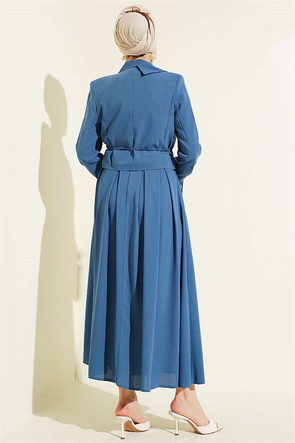 2 Piece Set with Side Lace-Up Jacket and Skirt, Indigo