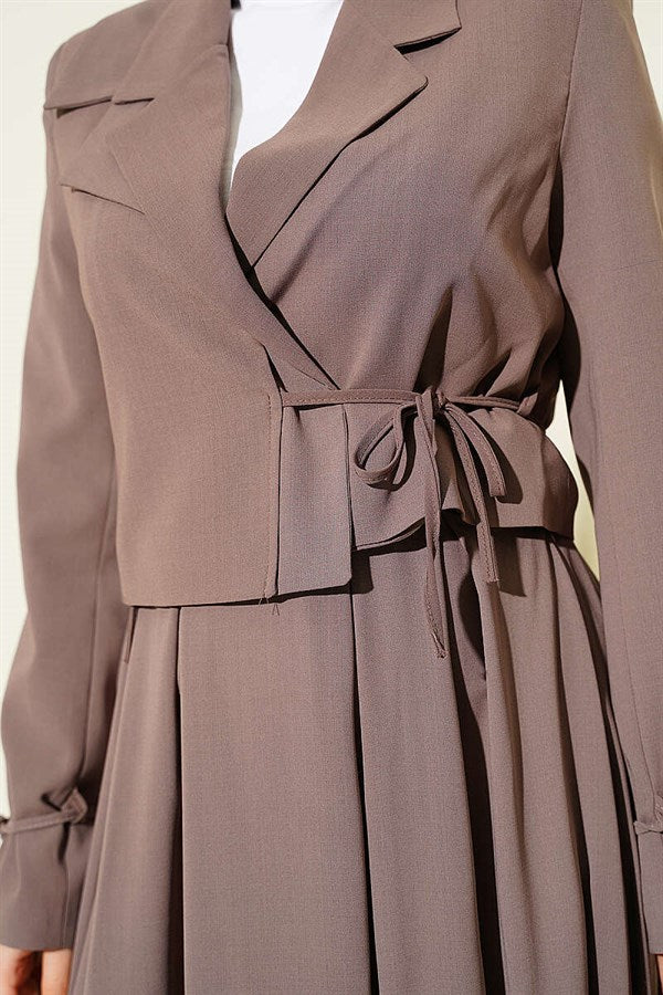 2 Piece Set with side-lace jacket and skirt, mink color.
