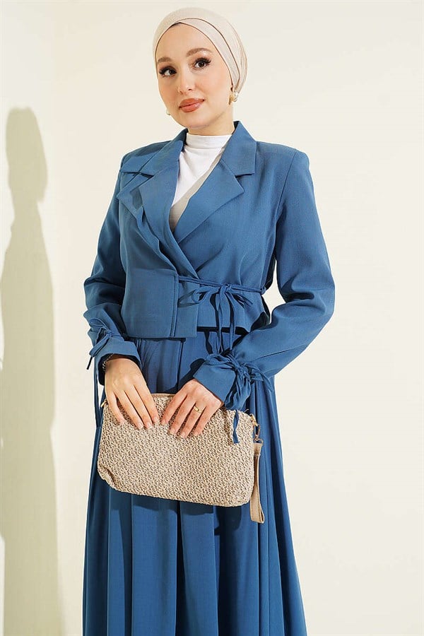 2 Piece Set with Side Lace-Up Jacket and Skirt, Indigo
