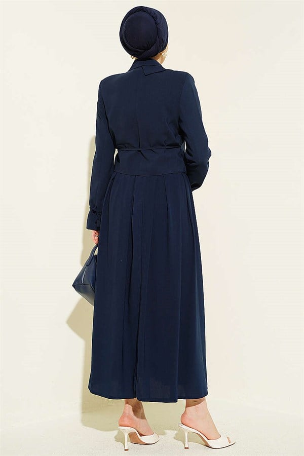 2 Piece Set with side-lace jacket and skirt, navy blue.