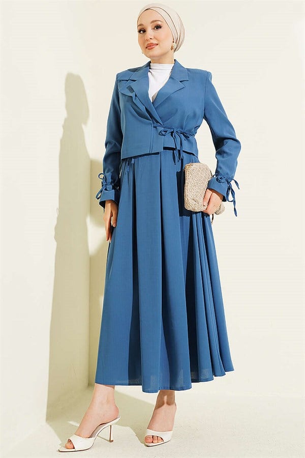 2 Piece Set with Side Lace-Up Jacket and Skirt, Indigo
