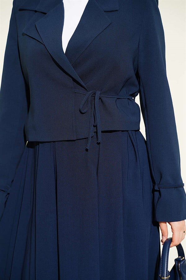 2 Piece Set with side-lace jacket and skirt, navy blue.