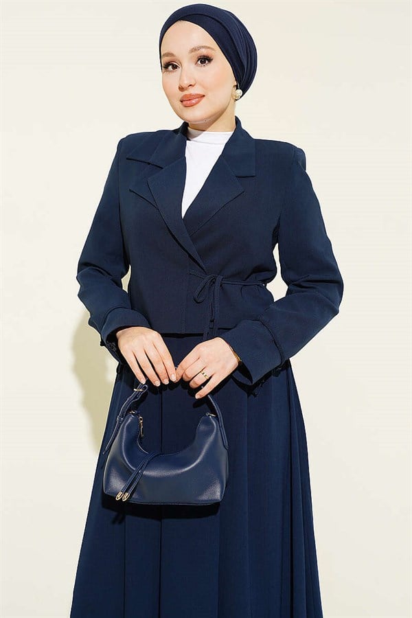2 Piece Set with side-lace jacket and skirt, navy blue.