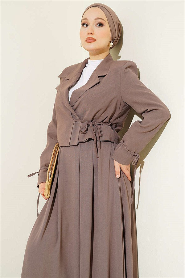 2 Piece Set with side-lace jacket and skirt, mink color.