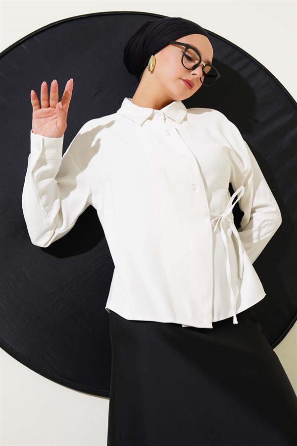 Side Tie Tencel Short Shirt White