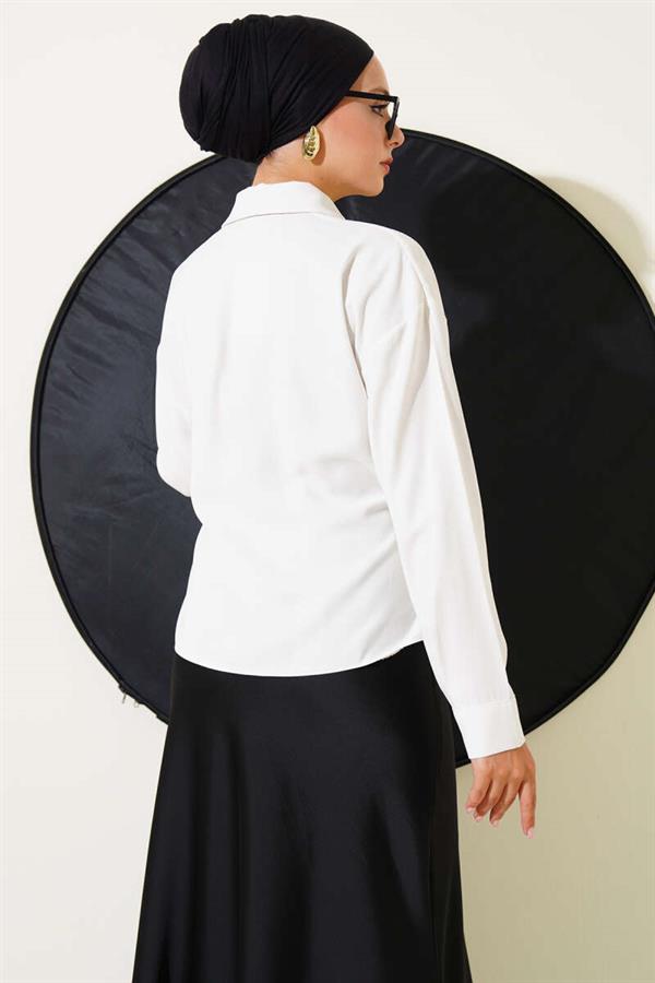 Side Tie Tencel Short Shirt White