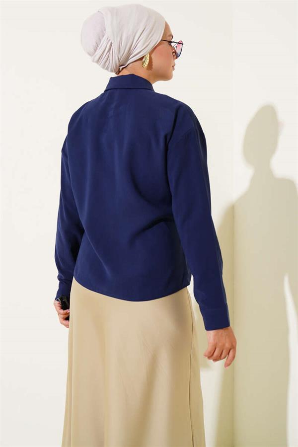 Side-Laced Tencel Short Shirt Navy Blue