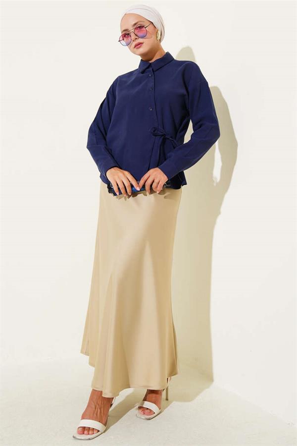 Side-Laced Tencel Short Shirt Navy Blue