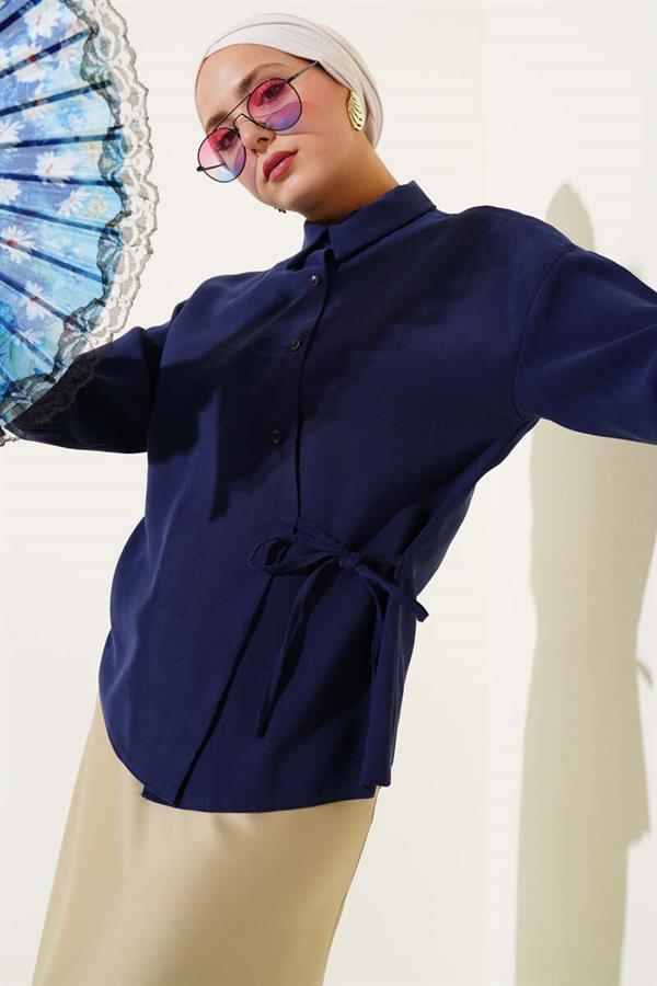 Side-Laced Tencel Short Shirt Navy Blue