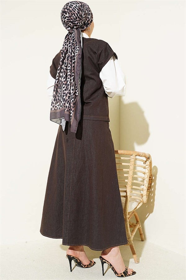 Side-lace Vest and Skirt Denim Set in Dark Brown
