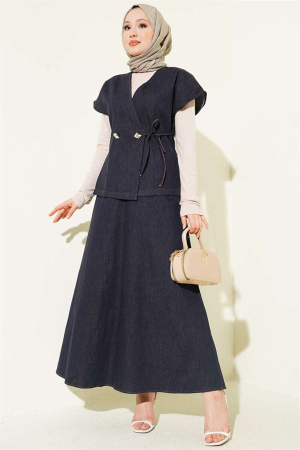 Side-lace Vest and Skirt Denim Set, Navy Blue