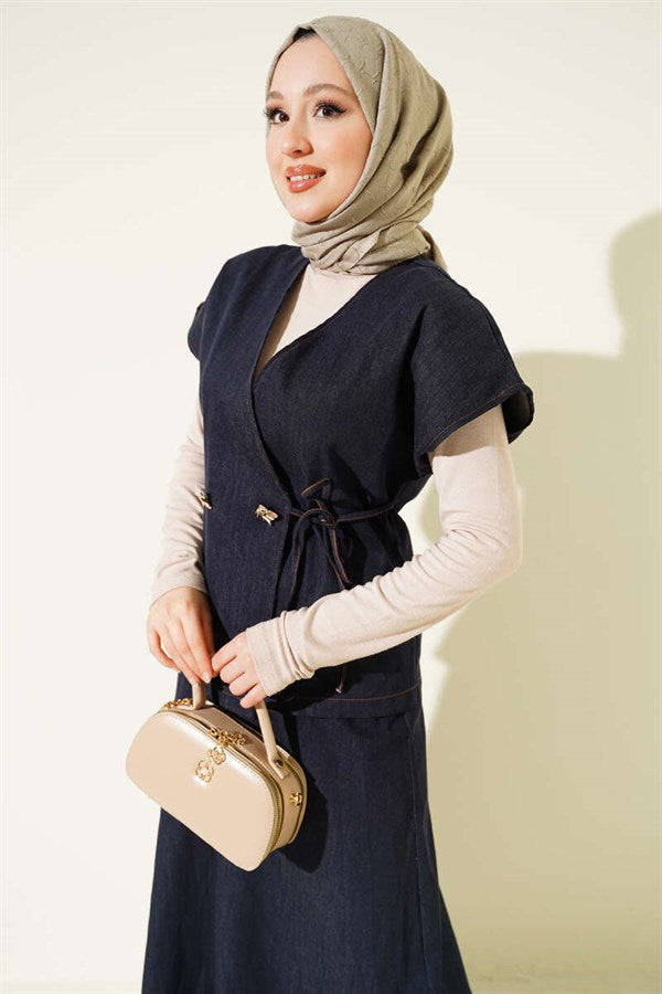 Side-lace Vest and Skirt Denim Set, Navy Blue