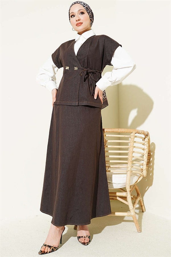 Side-lace Vest and Skirt Denim Set in Dark Brown
