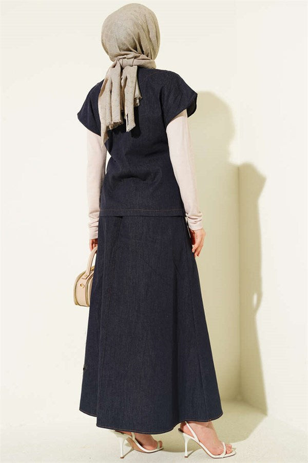 Side-lace Vest and Skirt Denim Set, Navy Blue
