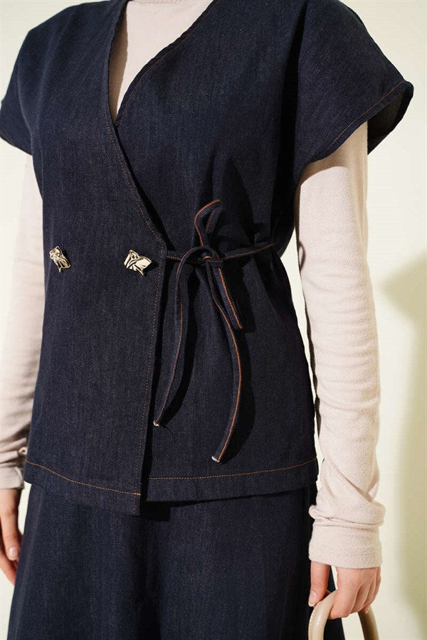 Side-lace Vest and Skirt Denim Set, Navy Blue