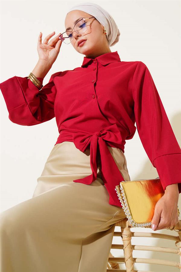 Short Shirt with Side Tie Detail, Burgundy