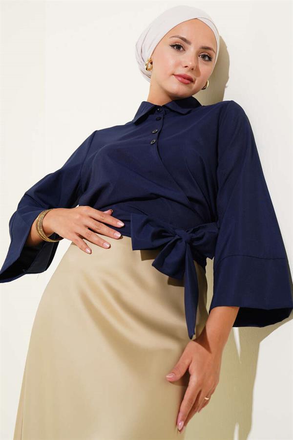Side Tie Detail Short Shirt Navy Blue