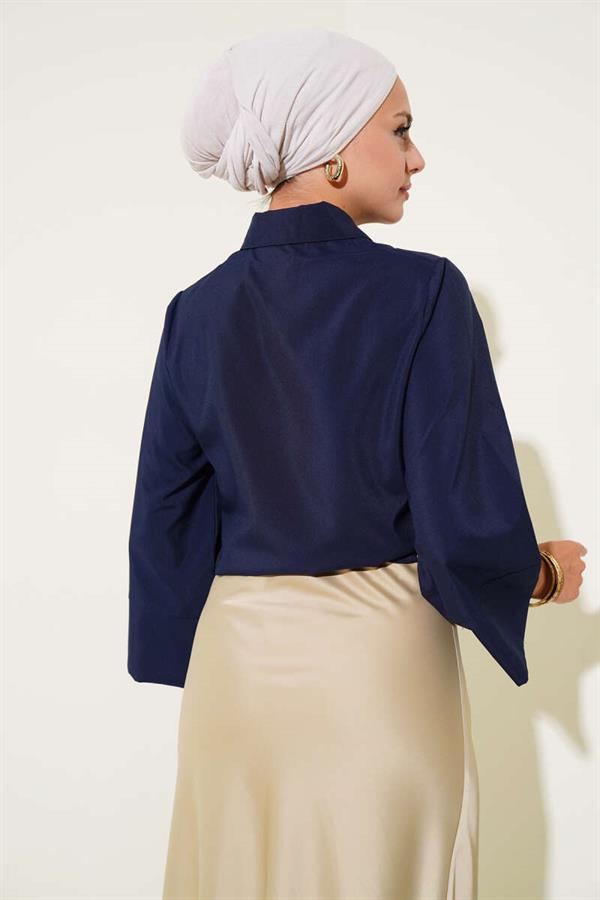 Side Tie Detail Short Shirt Navy Blue