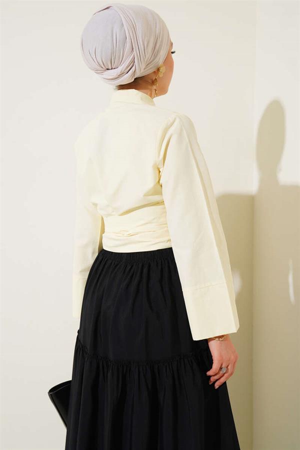 Side Tie Cross Button Short Shirt Yellow