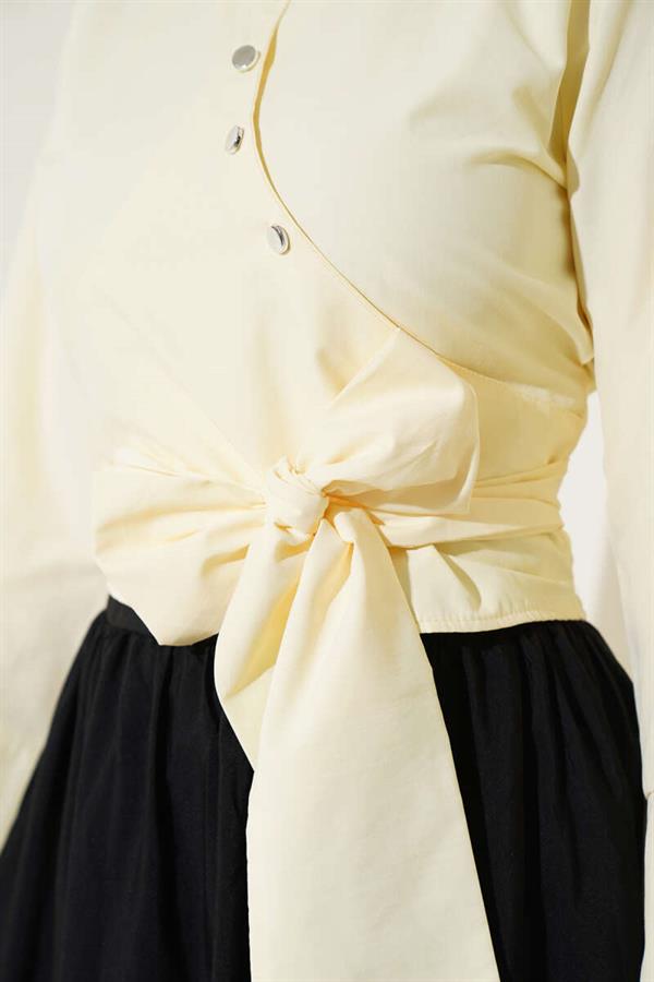 Side Tie Cross Button Short Shirt Yellow