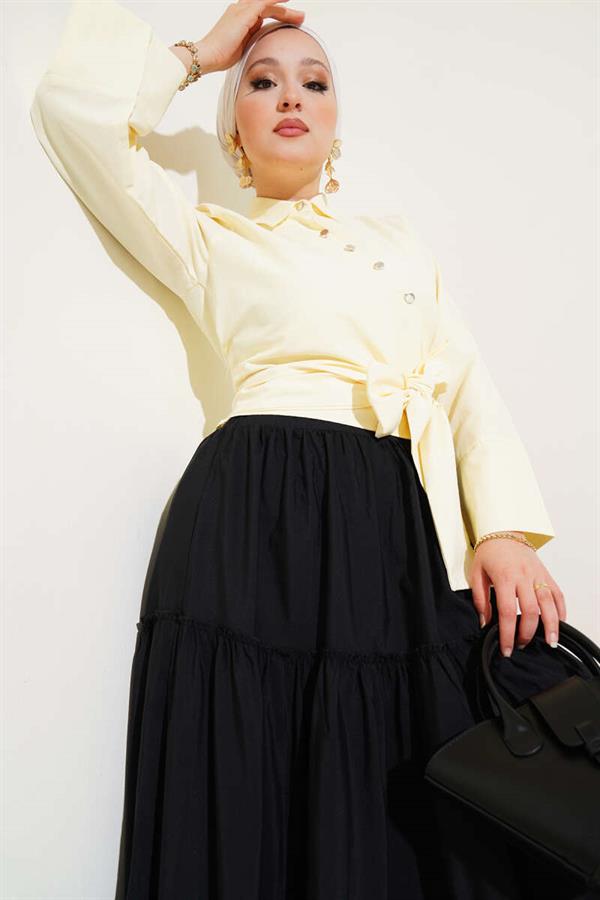 Side Tie Cross Button Short Shirt Yellow