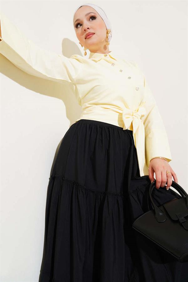 Side Tie Cross Button Short Shirt Yellow