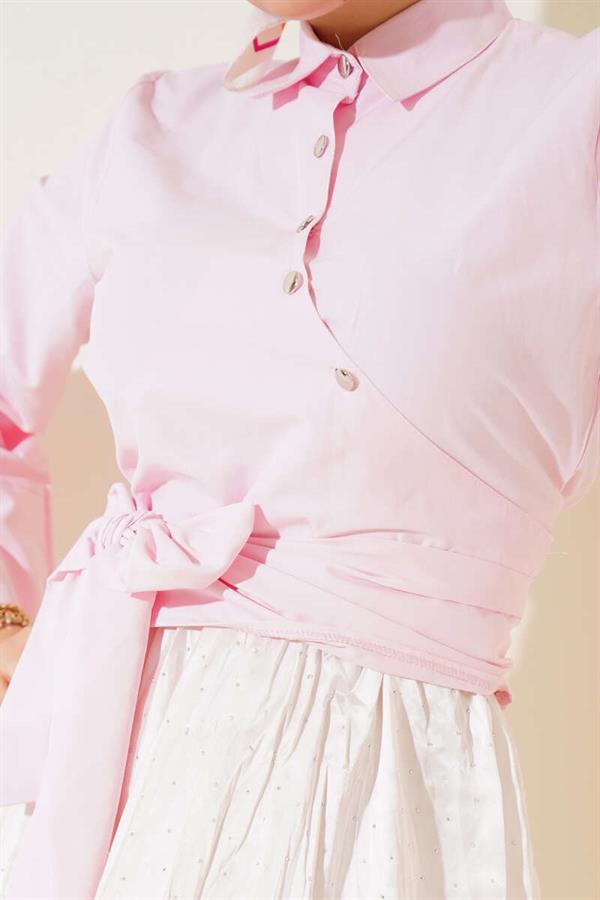 Side Tie Cross Button Short Shirt Pink