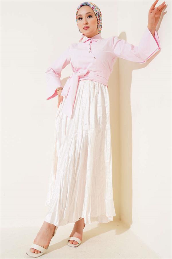 Side Tie Cross Button Short Shirt Pink