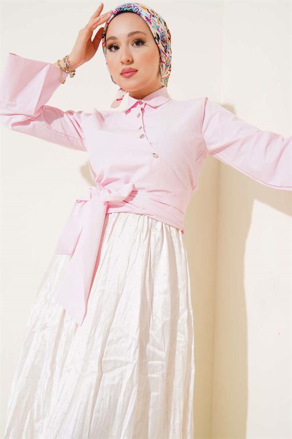 Side Tie Cross Button Short Shirt Pink