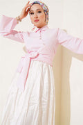 Side Tie Cross Button Short Shirt Pink