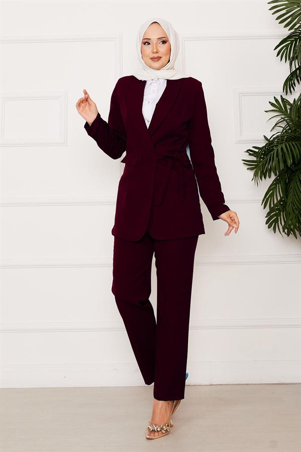 Side Tie Jacket 2 Piece Set Claret Red