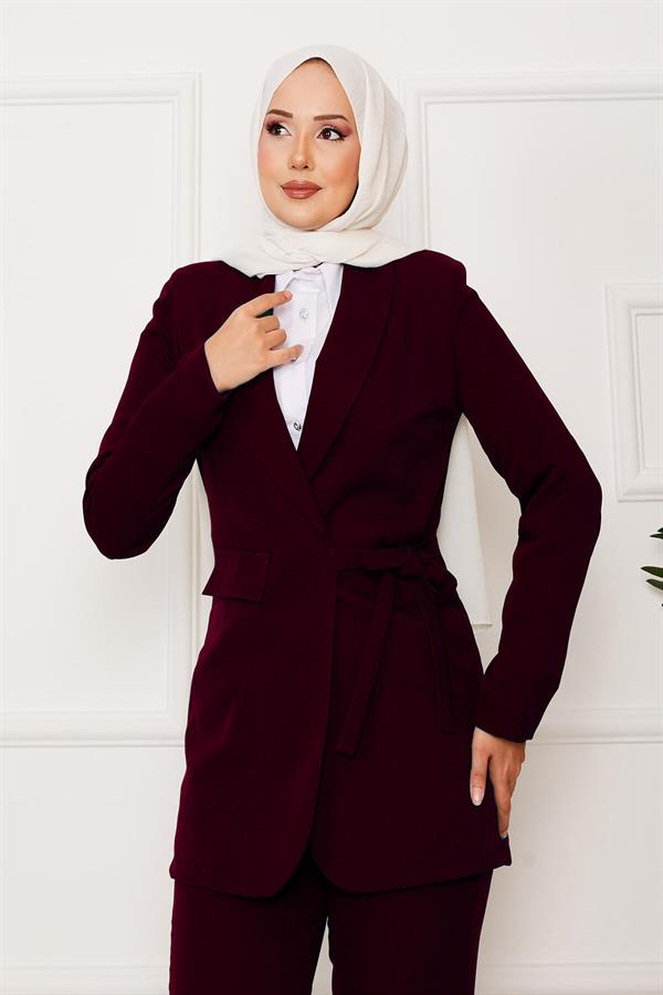 Side Tie Jacket 2 Piece Set Claret Red