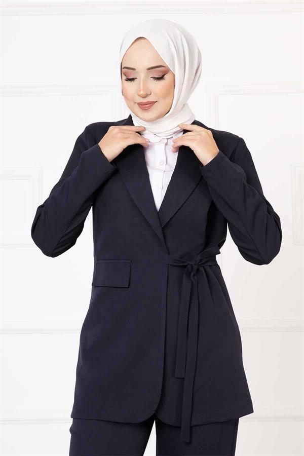 Side Tie Jacket Set Navy Blue
