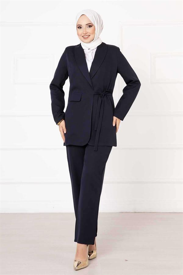 Side Tie Jacket Set Navy Blue