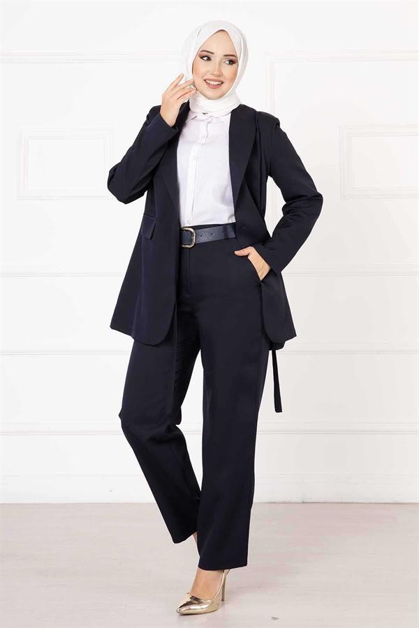 Side Tie Jacket Set Navy Blue