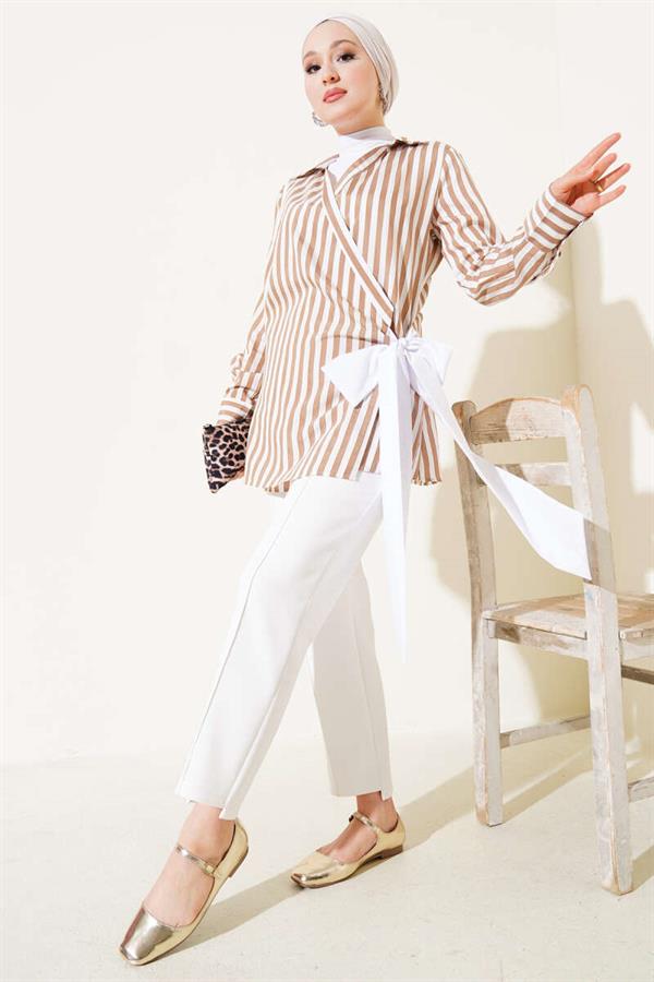 Side Tie Striped Kimono Camel