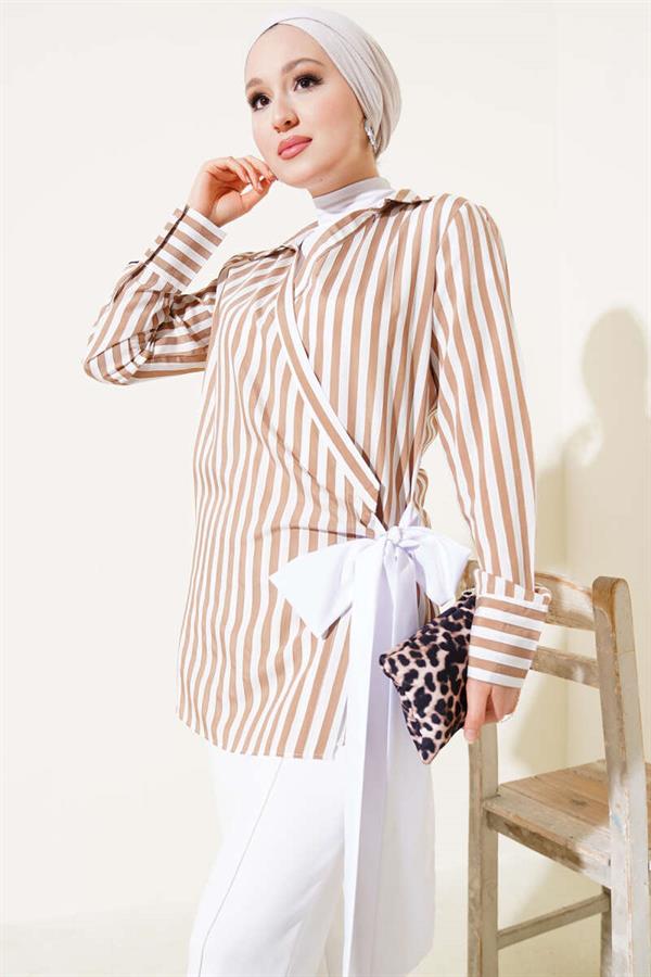 Side Tie Striped Kimono Camel