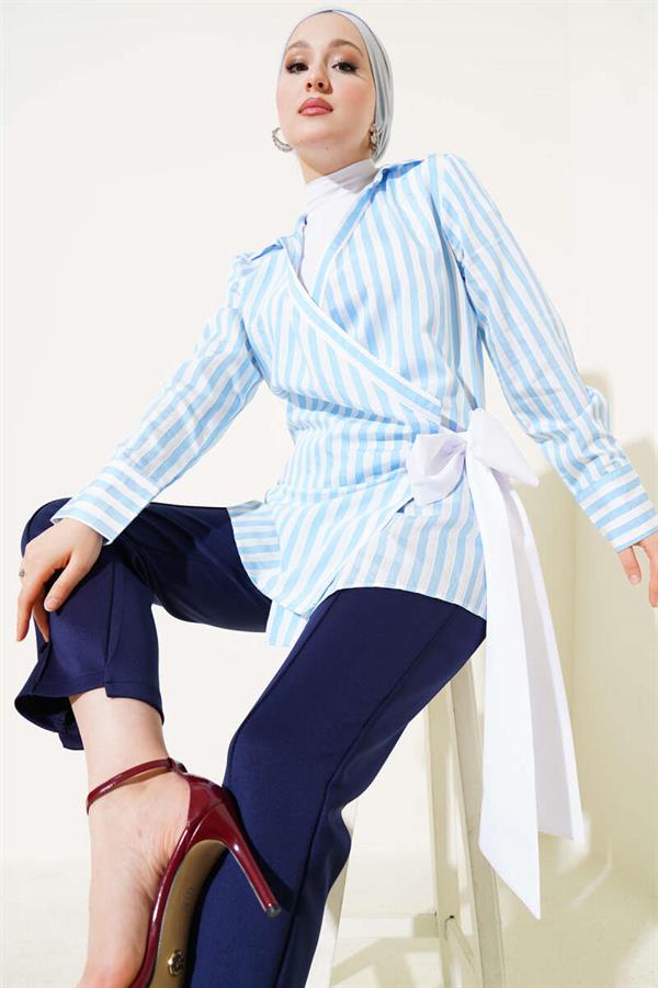 Side Tie Striped Kimono Blue