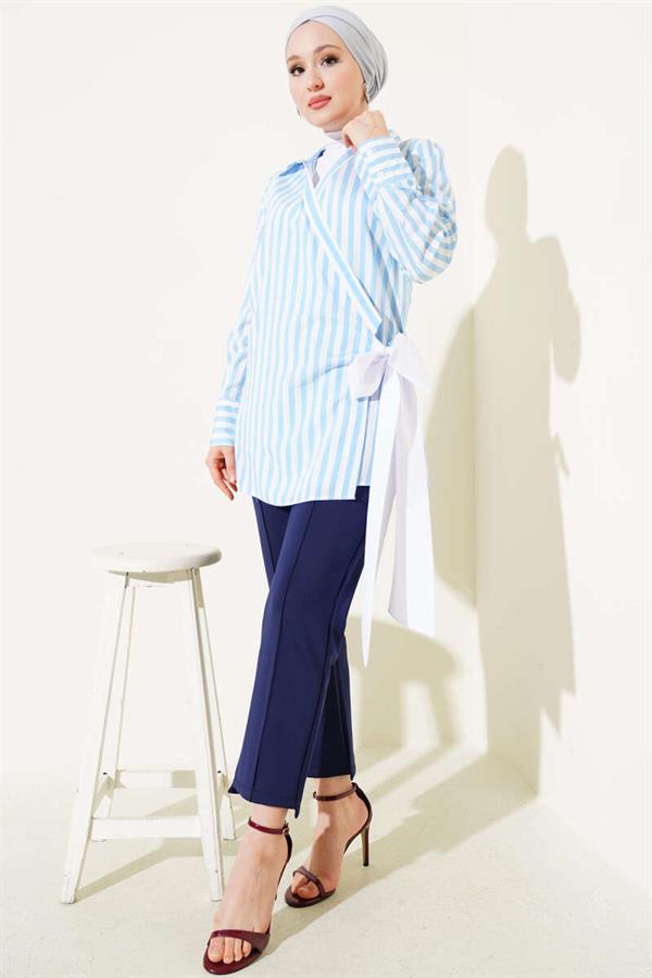 Side Tie Striped Kimono Blue