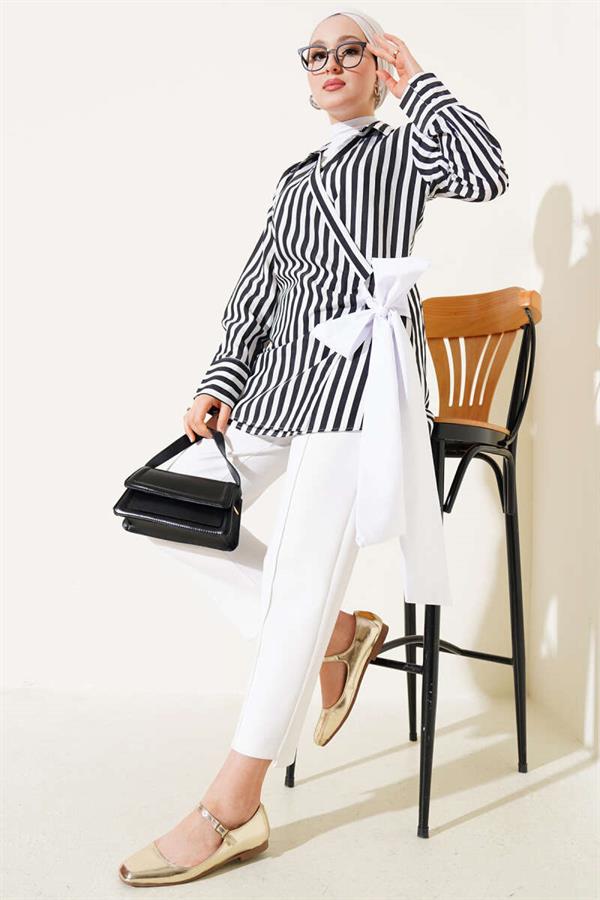 Side Tie Striped Kimono Black