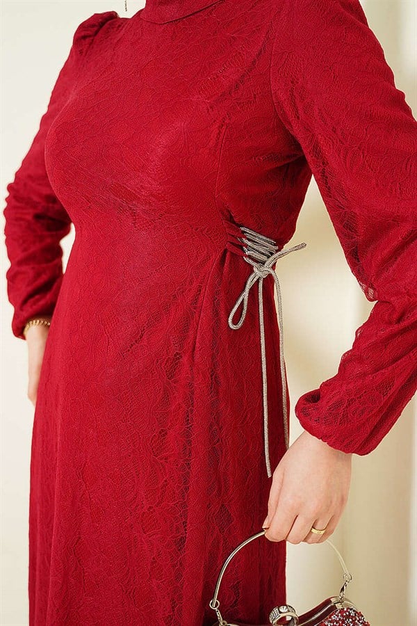 Side-Tie Lace Evening Dress, Burgundy