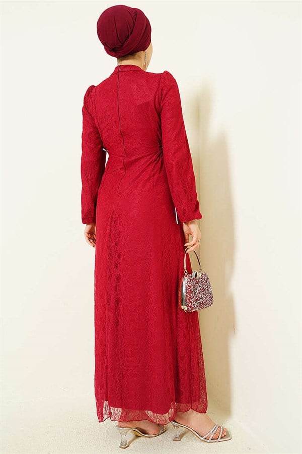 Side-Tie Lace Evening Dress, Burgundy