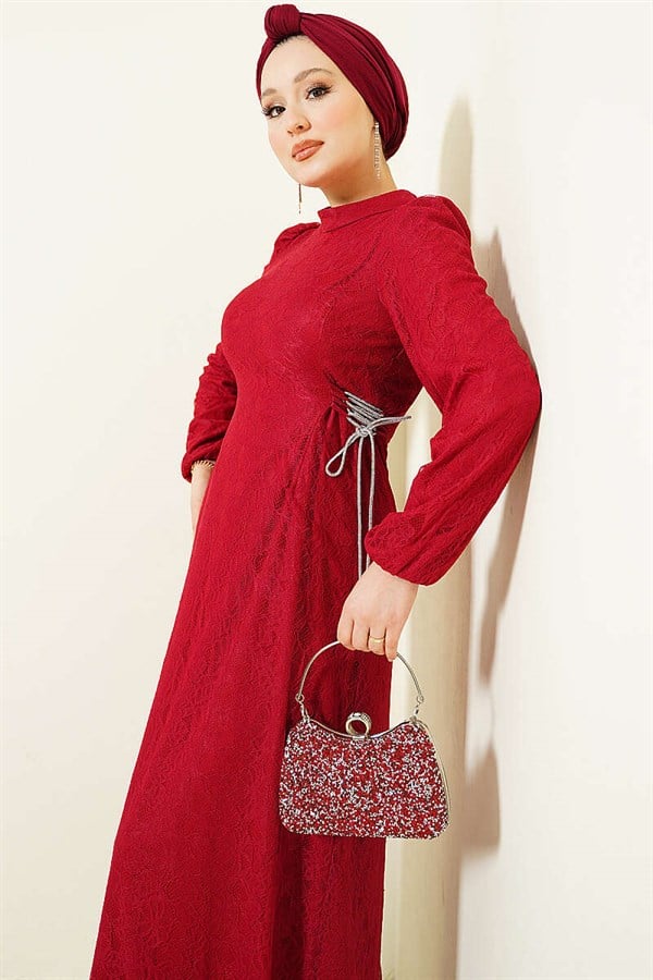 Side-Tie Lace Evening Dress, Burgundy