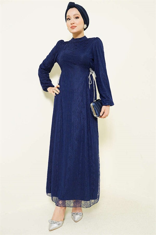 Side-Tie Lace Evening Dress Navy Blue